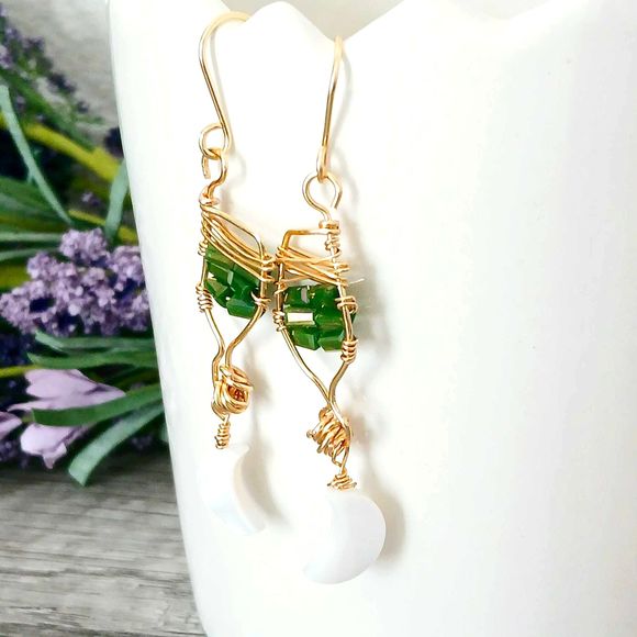 Crescent Moon Iridescent Beaded Dangle Drop Earrings, Celestial Moons Lunar - Picture 5 of 7